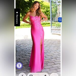Faviana Hot Pink Spaghetti Strap Prom Gown with Lace Appliqué